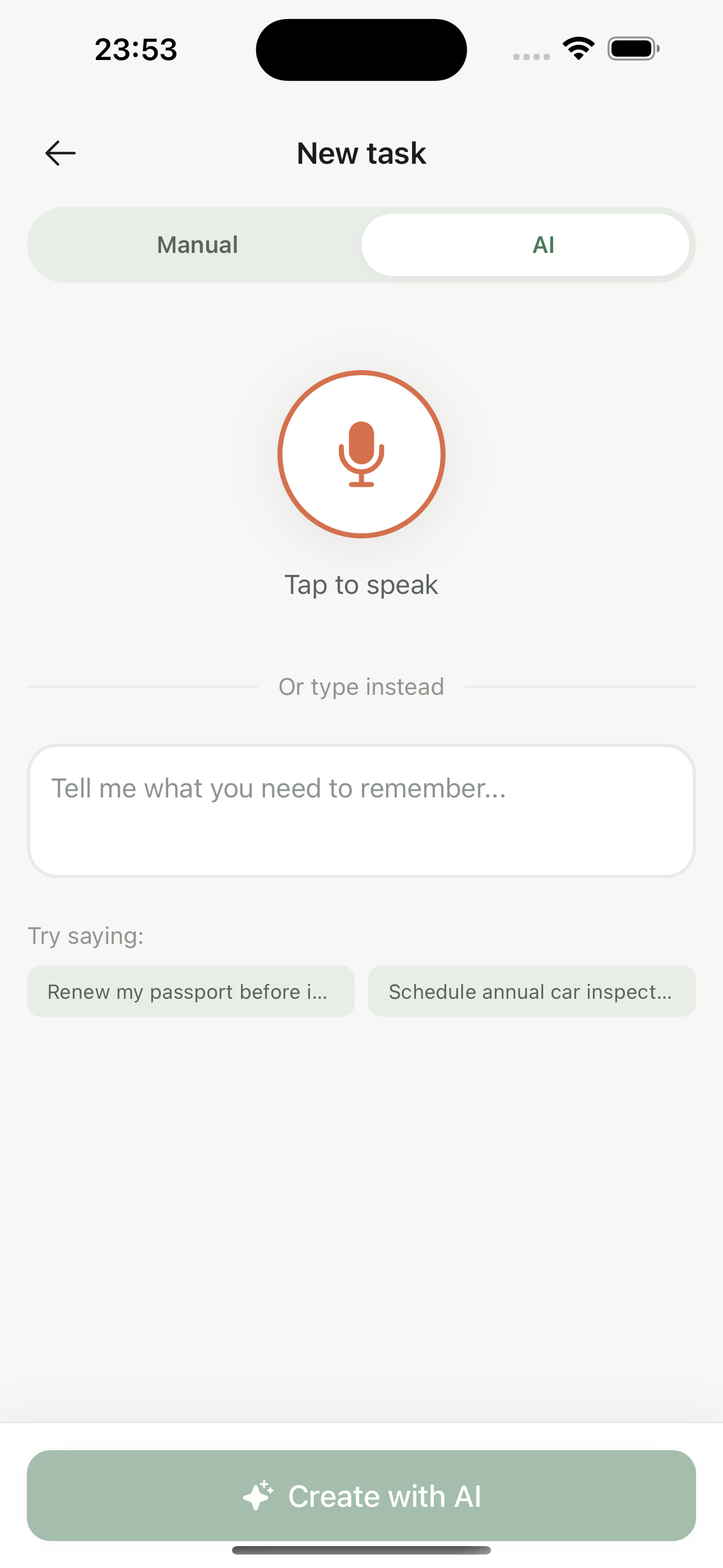 Softly AI task creation with voice input and example chips