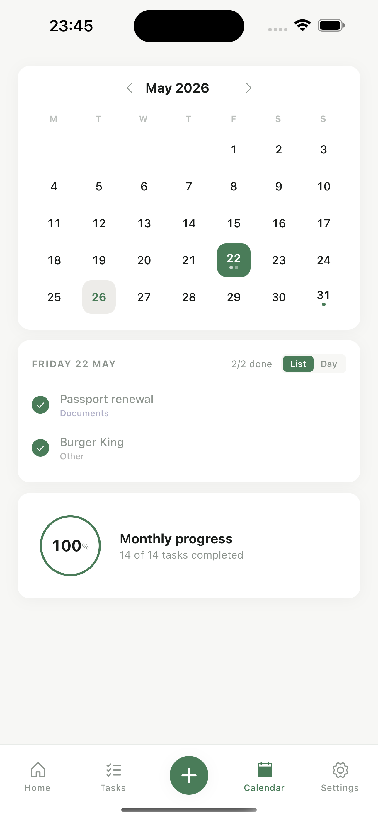 Softly calendar view with monthly grid and day detail