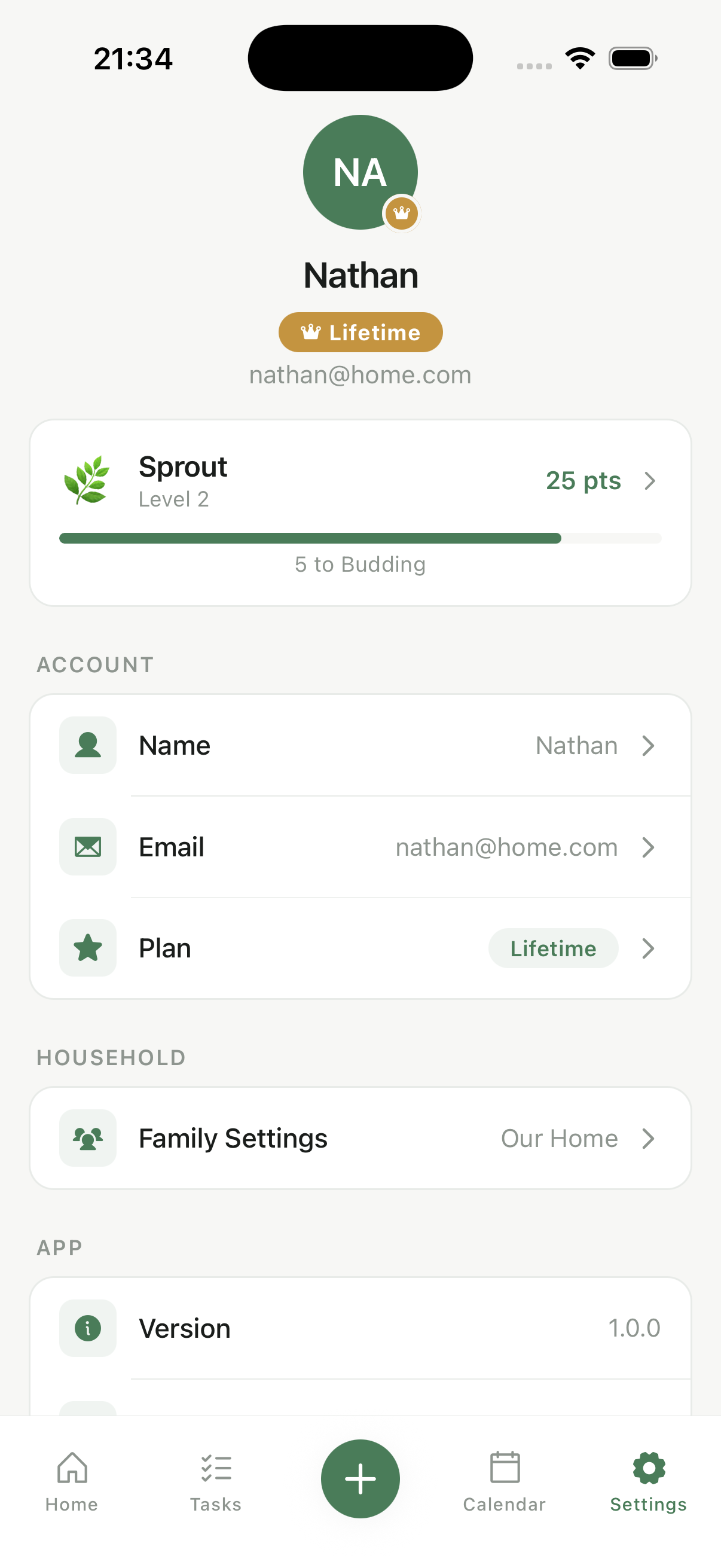 Settings screen with Lifetime badge and Sprout level progress