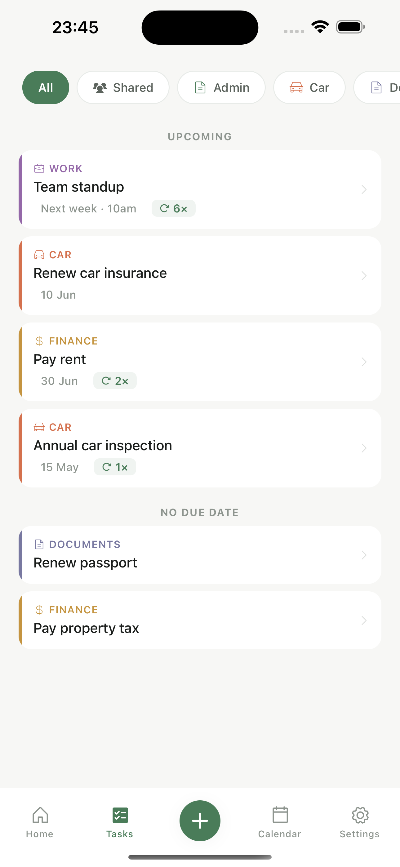 Softly tasks screen showing category filters and upcoming tasks