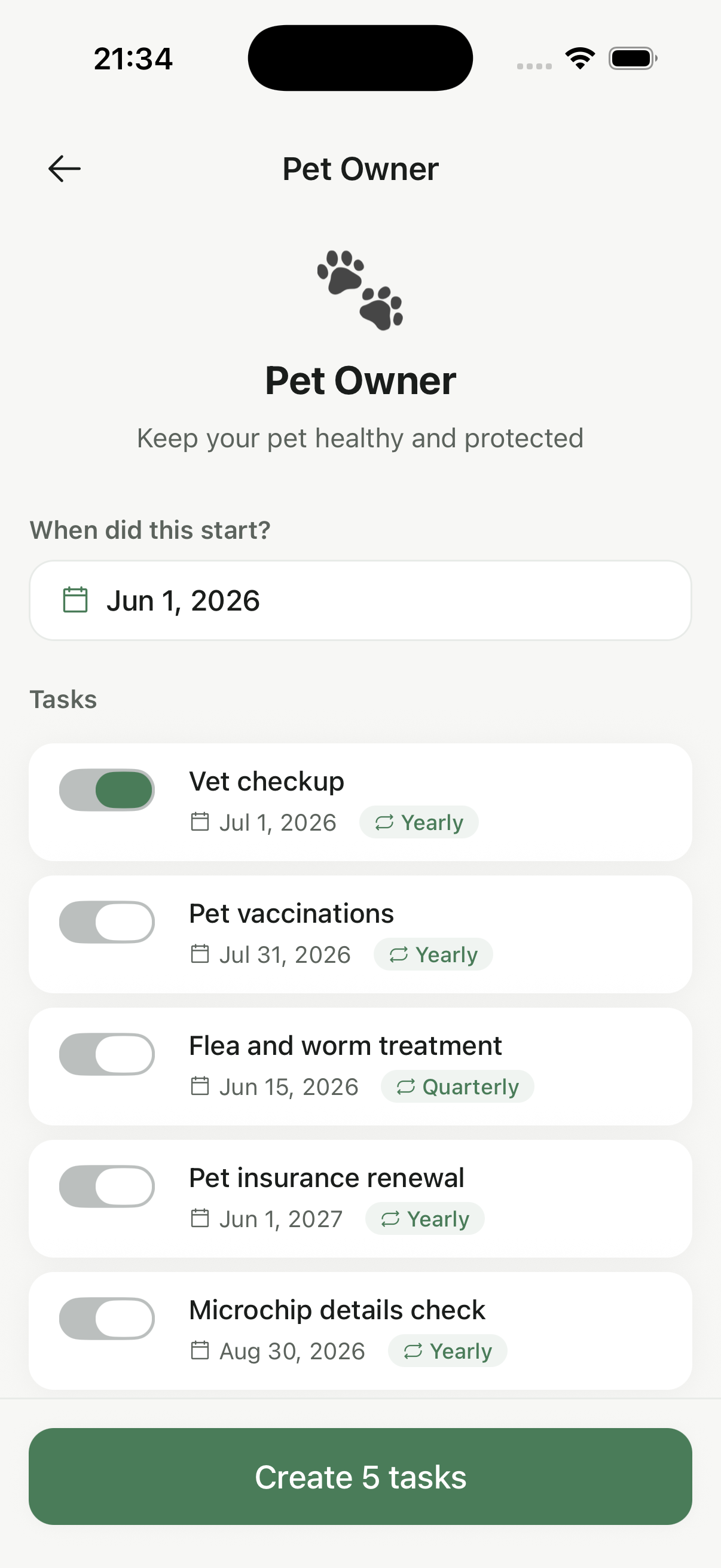 Pet Owner template with toggle switches for each task