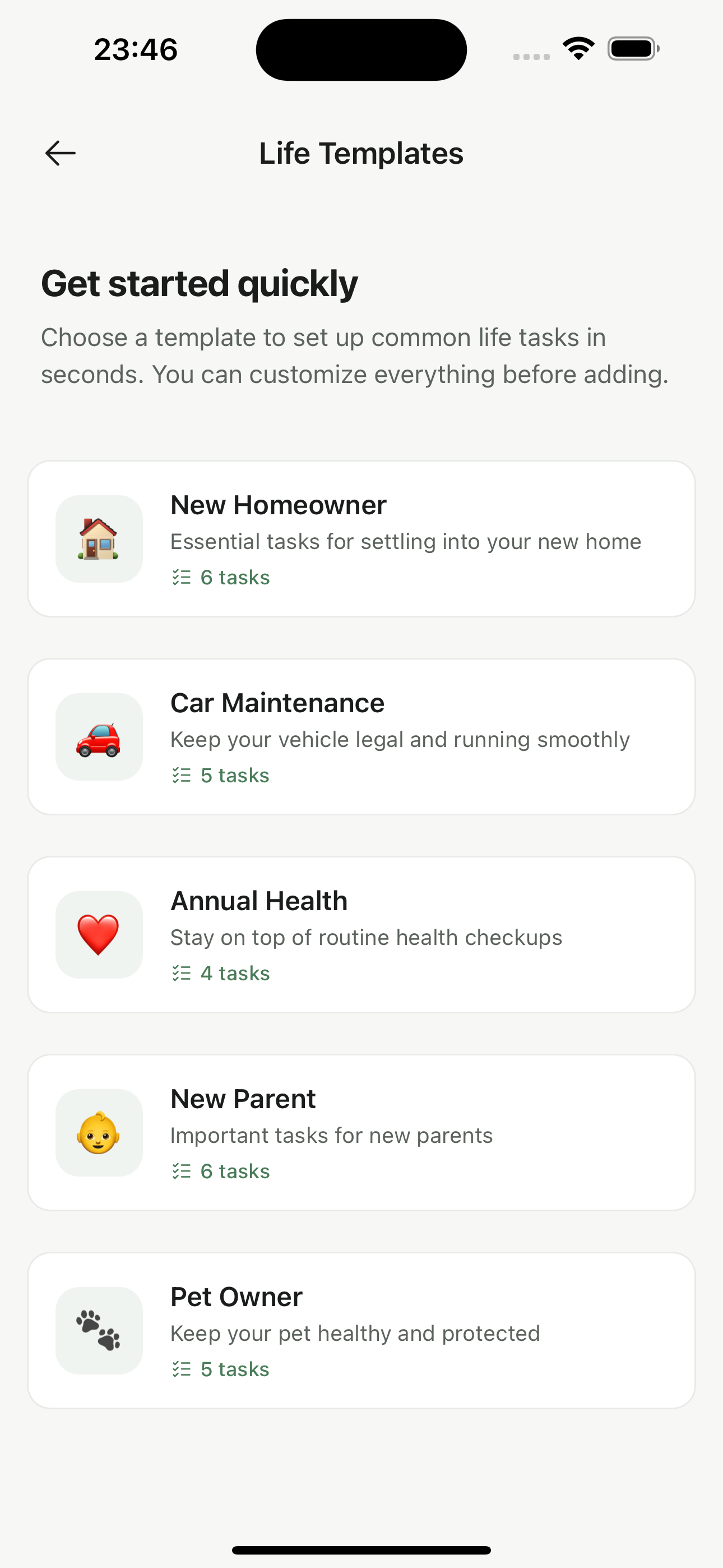 Life Templates with emoji icons and descriptions